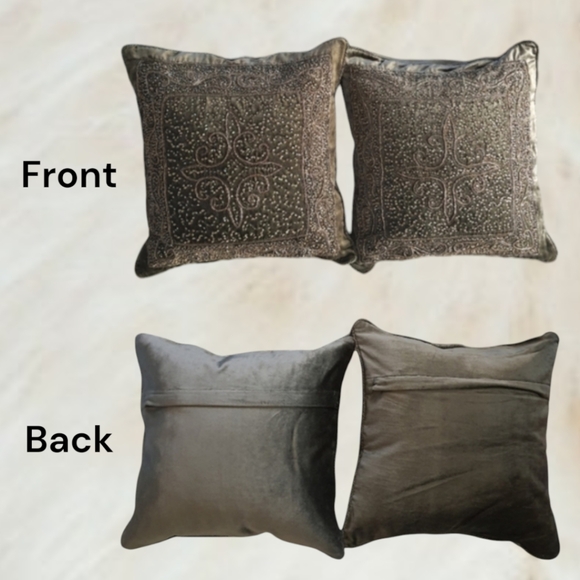 Set of 2 Bombay (16") Green Beaded Medallion Pillows Velvet Feather Down - Picture 9 of 11